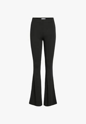 Melnas platās bikses, izgatavotas no elastīga auduma, ar plašu jostasvietu un gludu faktūru, kas paredzētas komfortam un vieglai kustībai.