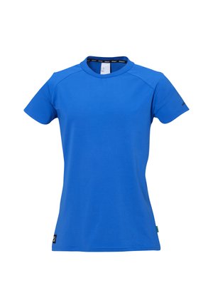 Blå kortærmet t-shirt lavet af glat stof. Har en rund halsudskæring og et diskret brandlogo på venstre ærme. Enkel og tætsiddende design.