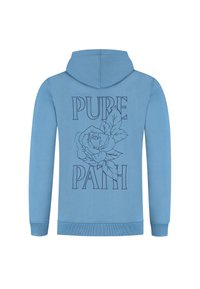 Blauwe hoodie met een grote achterprint van een roos met de tekst "PURE PATH." Gemaakt van zachte stof met ribbelmanchetten en -zoom.