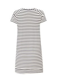 Sukienka w paski z krótkim rękawem, z białymi i granatowymi poziomymi paskami. Okrągły dekolt i prążkowane wykończenie kołnierzyka. Miękka tekstura materiału.