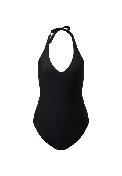 Black one-piece swimsuit made from smooth fabric, featuring a deep V-neck, halter neckline with ties, and a classic, form-fitting design.