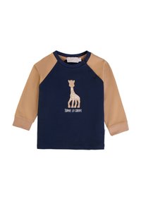 Maglietta a maniche lunghe blu navy con maniche raglan color beige, caratterizzata da una grafica di una giraffa e il testo “SOPHIE LA GIRAFFE” in colore crema. Realizzata in morbido cotone.