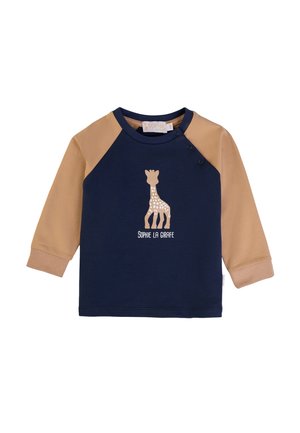 Marineblaue Langarmshirt mit beige Raglanärmeln, das ein Giraffenmotiv und den Text "SOPHIE LA GIRAFFE" in Cremefarbe zeigt. Aus weichem Baumwollmaterial.
