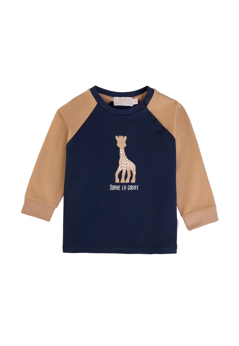 Maglietta a maniche lunghe blu navy con maniche raglan color beige, caratterizzata da una grafica di una giraffa e il testo “SOPHIE LA GIRAFFE” in colore crema. Realizzata in morbido cotone.