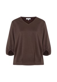 Braunes V-Neck-Oberteil mit 3/4-Ärmeln, das an den Ärmelbündchen geraffte Akzente und eine weiche, glatte Textur aufweist.