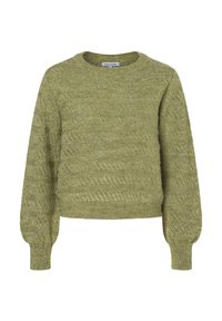 Olivgrüner, gestrickter Pullover mit Rundhalsausschnitt, strukturiertem Muster und leicht puffierten Ärmeln. Hergestellt aus leichtem, atmungsaktivem Stoff.