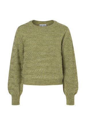 Olivgrüner, gestrickter Pullover mit Rundhalsausschnitt, strukturiertem Muster und leicht puffierten Ärmeln. Hergestellt aus leichtem, atmungsaktivem Stoff.