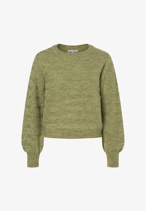 Olivgrüner, gestrickter Pullover mit Rundhalsausschnitt, strukturiertem Muster und leicht puffierten Ärmeln. Hergestellt aus leichtem, atmungsaktivem Stoff.