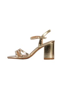 Gold metallic high-heeled sandal with an open toe, ankle strap, three narrow front straps, and a block heel. Smooth texture throughout.