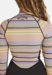 Multicolored striped long-sleeve rash guard with shades of purple, yellow, and green, featuring black stitching and Billabong logo on the back.
