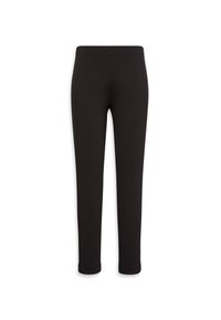 Svarte leggings med en glatt stofftekstur, tettsittende design og elastisk midjebånd; ankel-lange med en enkel, ubesmykket stil.