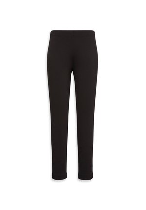 Melnas legingas ar gludu auduma tekstūru, pieguļoša dizaina un elastīgu jostu; potīšu garums ar vienkāršu, nevīstu stilu.