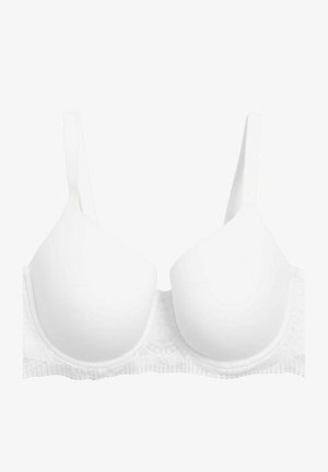 Sostenitore bianco con coppe lisce e sagomate e delicati pizzi lungo la fascia. Presenta spalline regolabili e una chiusura con gancetto e occhiello sul retro.