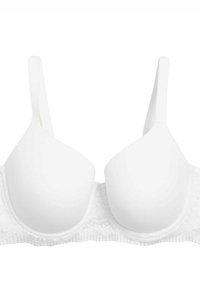 Reggiseno imbottito bianco con ferretto e spalline regolabili, caratterizzato da dettagli in pizzo lungo la fascia.