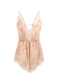 Lichtroze kanten chemise met bloemmotief, verstelbare bandjes, scalloped kanten rand en elastische taille voor een vloeiende silhouet.