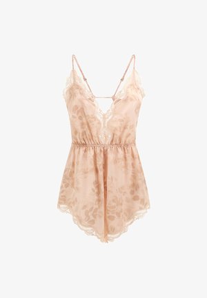 Lichtroze kanten chemise met bloemmotief, verstelbare bandjes, scalloped kanten rand en elastische taille voor een vloeiende silhouet.