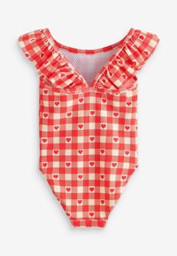 Costume da bagno a quadretti rosso e crema con piccoli motivi a cuore rosso, spalline arricciate e scollatura a V.