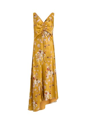Abito floreale giallo in satin, con scollatura a V, corpetto plissettato e orlo asimmetrico con motivi floreali multicolori.