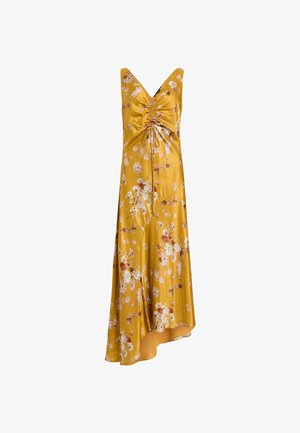 Geel bloemenjurk van satijn, met een v-hals, gerimpelde lijfje en asymmetrische onderrand met meerkleurige bloemmotieven.