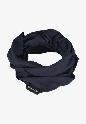 Granatowy szal w kształcie infinity, wykonany z miękkiego, lekkiego materiału, z wyraźnym skręconym wzorem i widoczną metką Urban Classics.