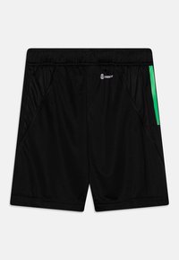 Pantalones cortos atléticos negros con una cinturilla, bolsillos laterales y una franja de acento verde. Fabricados con un tejido ligero y transpirable.