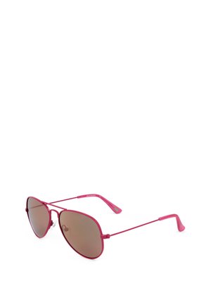 Occhiali da sole aviator con montatura sottile in metallo rosa e lenti marroni sfumate, con naselli regolabili e aste sottili.