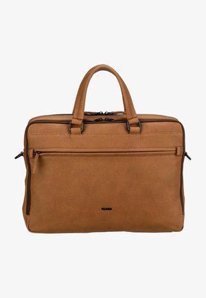 Brown textured leather bag with dual handles, zip closure, front pocket, and black hardware accents. Rectangular shape, minimalistic design.