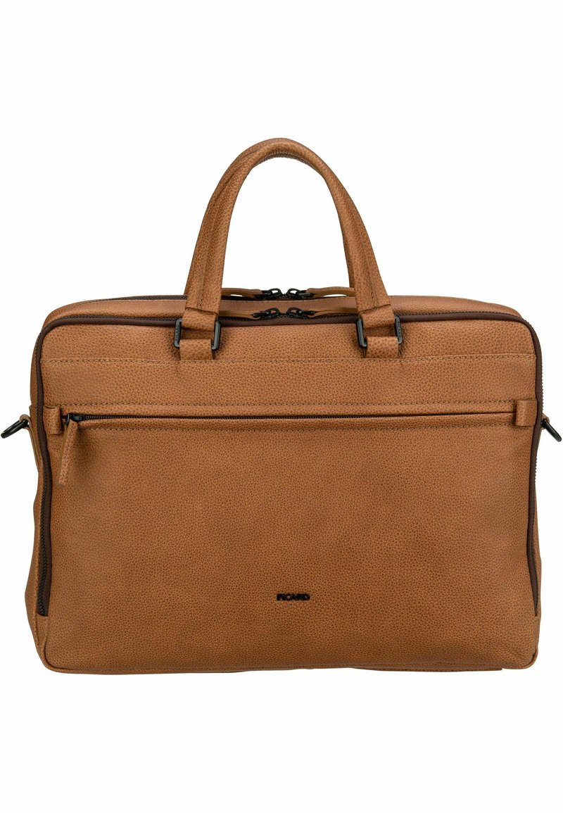 Borsa in pelle marrone con texture, dotata di manici doppi, chiusura con zip, tasca frontale e dettagli in hardware nero. Forma rettangolare, design minimalista.