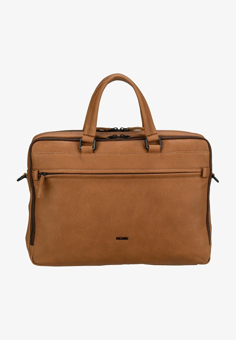 Borsa in pelle marrone con texture, dotata di manici doppi, chiusura con zip, tasca frontale e dettagli in hardware nero. Forma rettangolare, design minimalista.