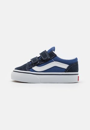 Navy blue toddler shoes with two black Velcro straps, white accents, suede and canvas material, rubber sole, and classic skateboard design.