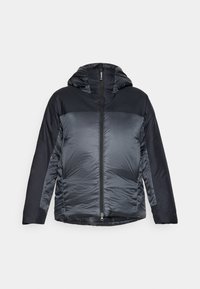 Giubbotto piumino con cappuccio e zip frontale, caratterizzato da una sezione superiore grigia scura e una sezione inferiore grigia chiara con texture. Tessuto morbido, design leggero.