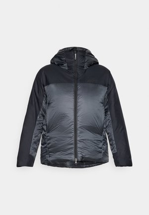 Hooded puffer jacket with a front zip, featuring a dark gray upper section and a textured light gray lower section. Soft fabric, lightweight design.