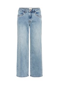 Lyseblå vidbenede jeans lavet af denim med forlommer og synlige syninger. Taljen har en knap og bæltestropper.