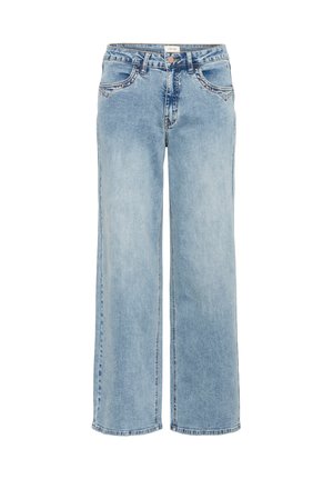 Jean large bleu clair en denim, doté de poches avant et de coutures visibles. La ceinture comprend un bouton et des passants pour ceinture.