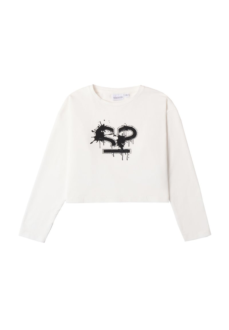 Weißes, kurzes langärmliges T-Shirt aus Baumwolle, mit einem schwarzen grafischen Design und Spritzdetails auf der Vorderseite.