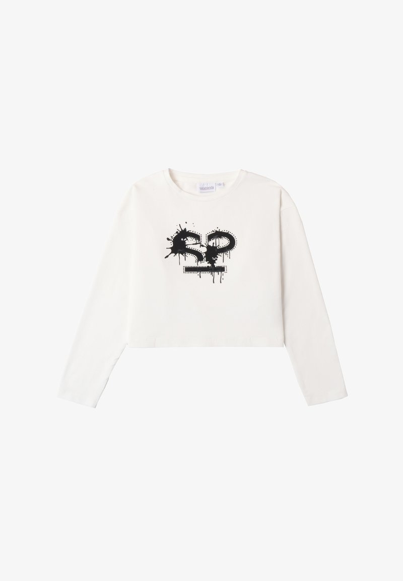 Weißes, kurzes langärmliges T-Shirt aus Baumwolle, mit einem schwarzen grafischen Design und Spritzdetails auf der Vorderseite.