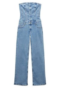 Lysblå denim jumpsuit med top i korsettstil, lige ben og subtile stikninger. Har to frontlommer og lynlås-lukning.