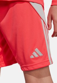 Helle korallenfarbene Sportshorts aus glattem Stoff, mit grauen Akzentuierungen, drei Streifen an der Seite und einem silbernen Logo nahe dem Saum.