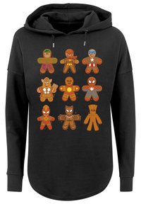 Felpa nera con cappuccio che presenta una grafica colorata di omini di pan di zenzero stilizzati come supereroi, con vari design e espressioni facciali stampati sulla parte anteriore.