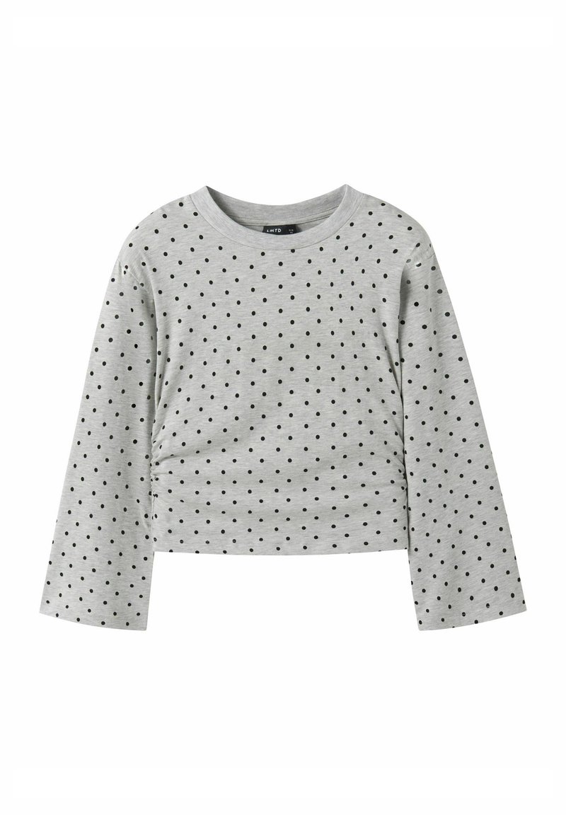 Graues langärmeliges Oberteil mit schwarzen Punkten, mit Rundhalsausschnitt und lockerer Passform, aus weichem Baumwollstoff gefertigt.