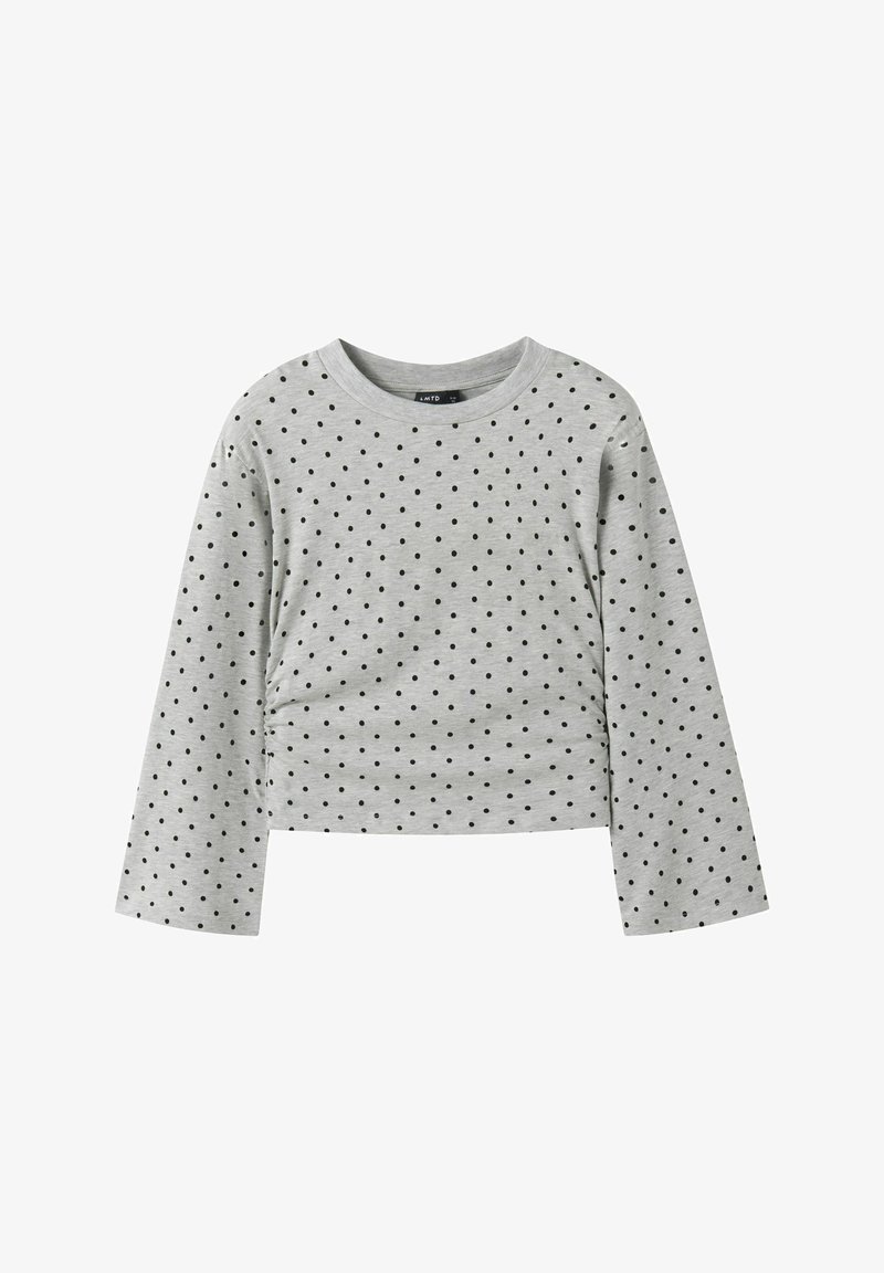 Graues langärmeliges Oberteil mit schwarzen Punkten, mit Rundhalsausschnitt und lockerer Passform, aus weichem Baumwollstoff gefertigt.