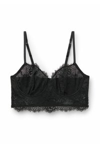 Zwarte kanten bralette met verstelbare bandjes, met bloemenpatronen en golvende randen, gevoerd met een gladde onderlaag voor comfort.