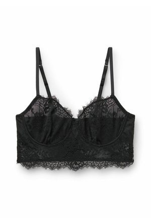 Zwarte kanten bralette met verstelbare bandjes, met bloemenpatronen en golvende randen, gevoerd met een gladde onderlaag voor comfort.