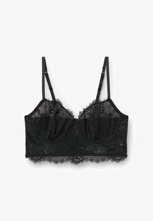 Black lace bralette with adjustable straps, featuring floral patterns and scalloped edges, lined with a smooth underlayer for comfort.