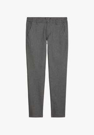 Graue maßgeschneiderte Hose mit weichem Gewebe, ausgestattet mit seitlichen Taschen, einem Knopfverschluss und einem elastischen Bund für zusätzlichen Komfort.