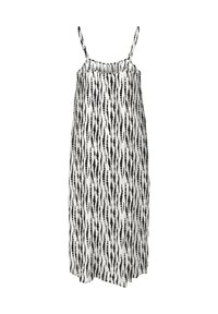 Robe maxi blanche sans manches avec fines bretelles et motif de rayures verticales noires à pois sur toute la surface.