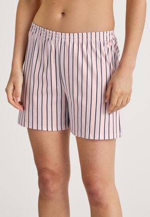 Pink and white striped shorts with an elastic waistband, featuring thin navy stripes. Made of soft fabric, knee-length with a relaxed fit.