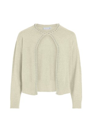 Ljust grön stickad cardigan med en nyckelhålsöppning och dekorativa blå pärlor längs halsringningen och framsidan, med en ribbad nederkant och ärmslut.
