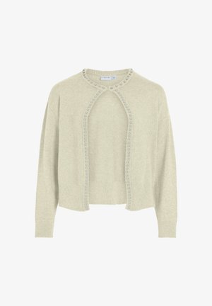 Ljust grön stickad cardigan med en nyckelhålsöppning och dekorativa blå pärlor längs halsringningen och framsidan, med en ribbad nederkant och ärmslut.