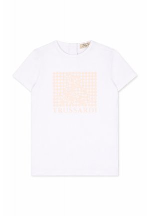 T-shirt bianca a maniche corte con scollo rotondo, con un sottile motivo a quadretti pesca e la scritta "TRUSSARDI" sul davanti.